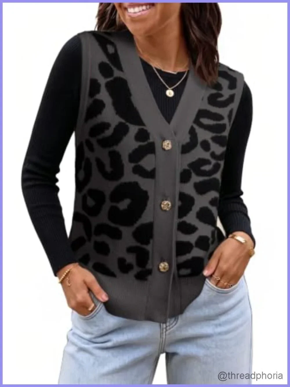 V Neck Sleeveless Cardigan Vest Leopard Print Button Up Knit Lightweight